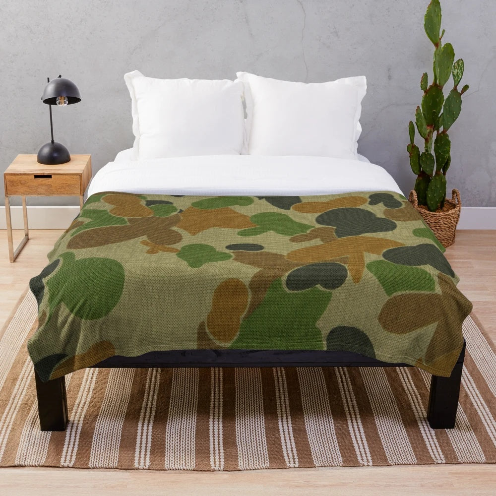 Auscam-style camo plush blanket with military-inspired pattern