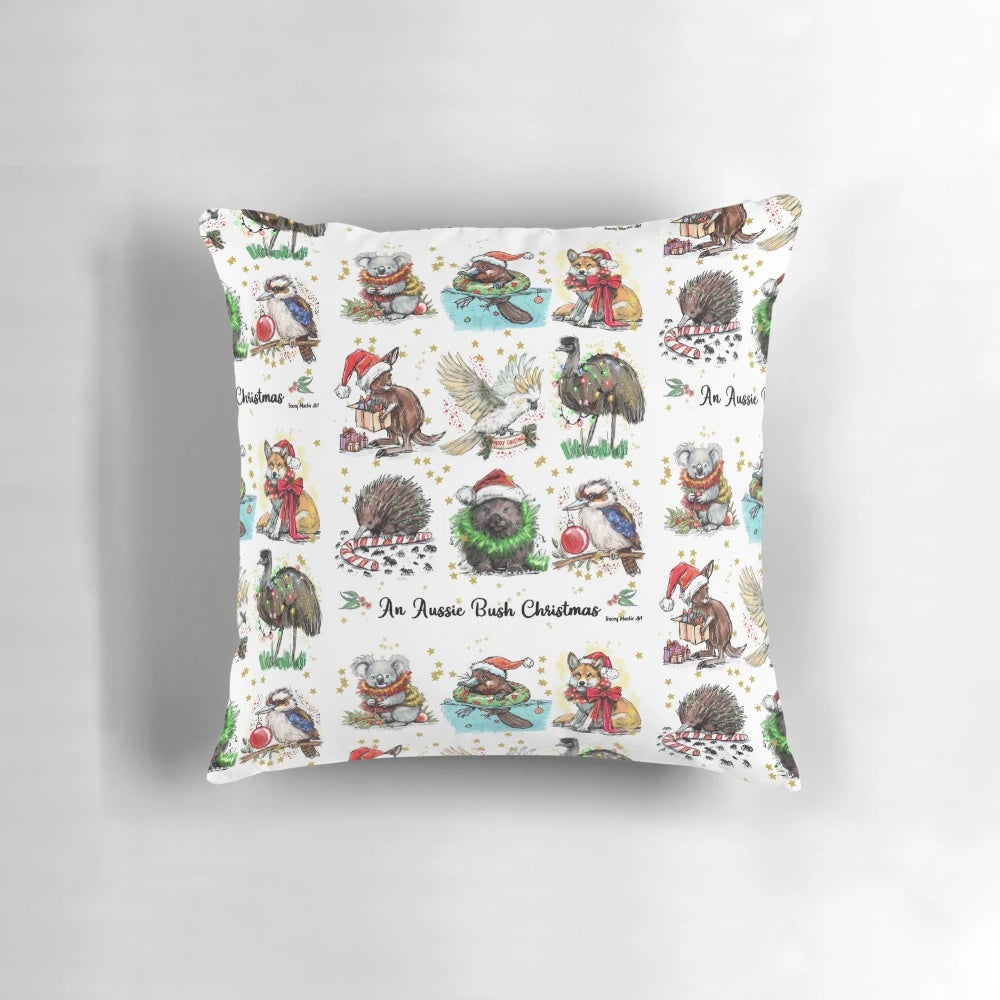 Aussie Bush Christmas Pillow featuring koalas, dingoes, and other native Australian animals, designed by Tracey Mackie