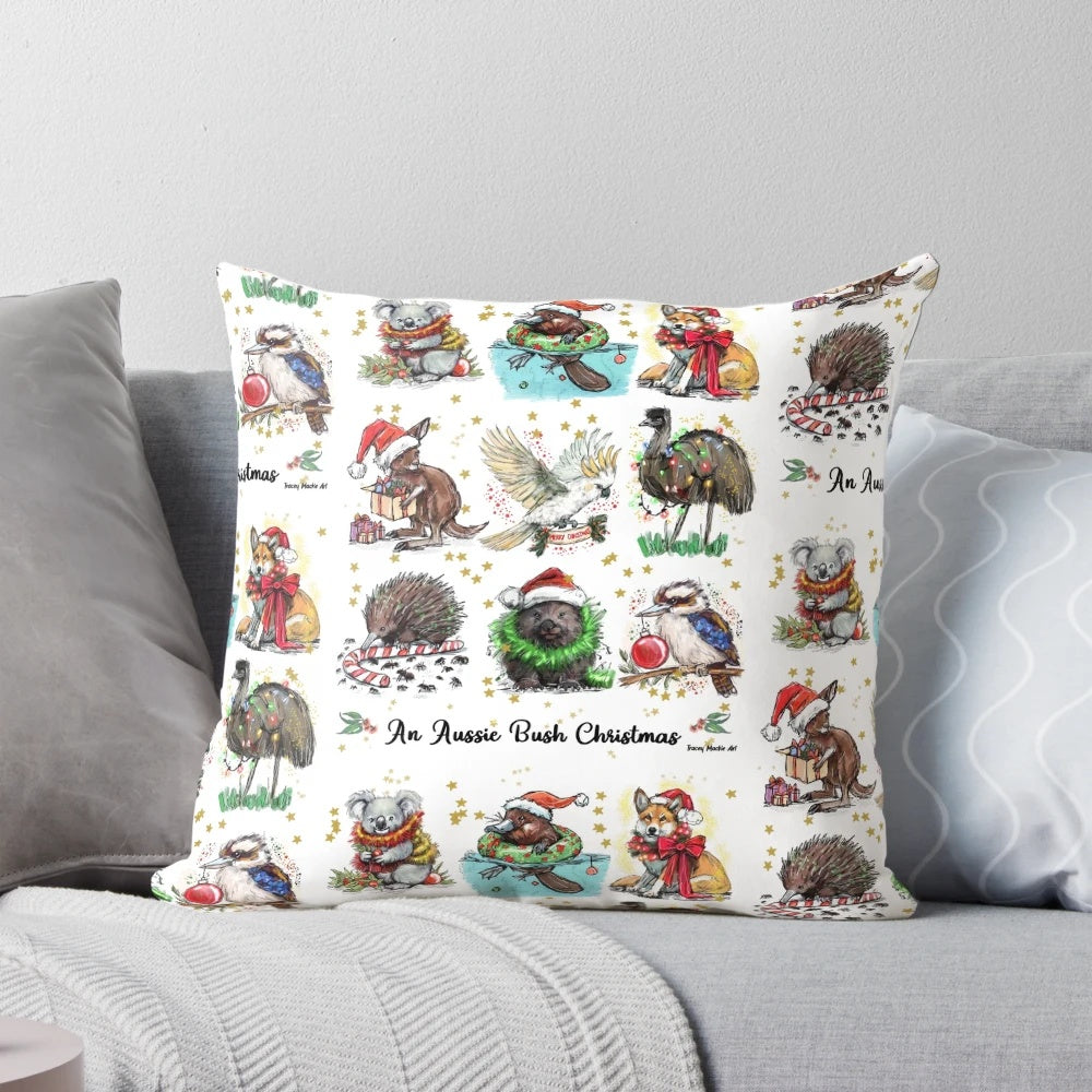 Aussie Bush Christmas Pillow featuring koalas, dingoes, and other native Australian animals, designed by Tracey Mackie
