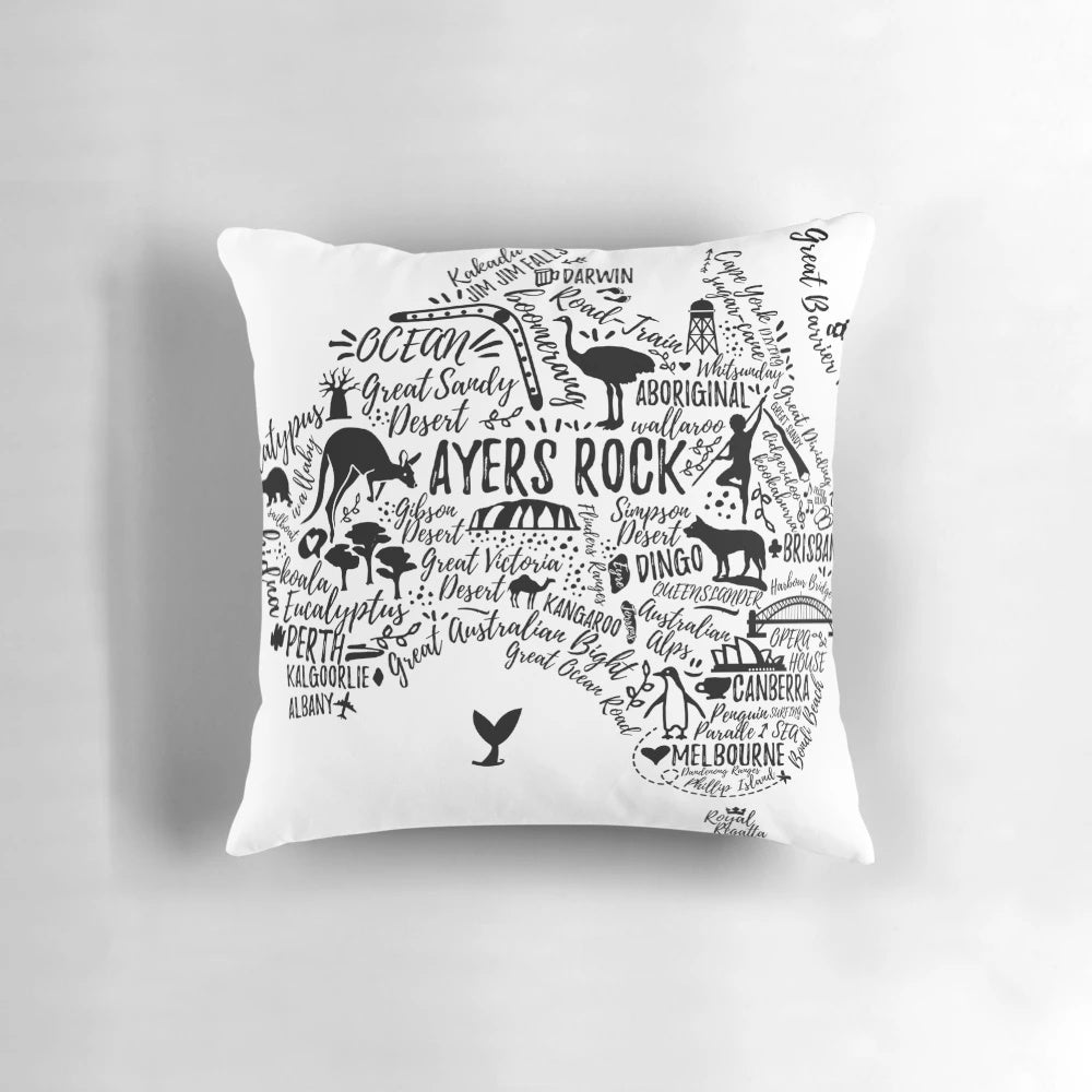 Australia travel guide poster with map silhouette, architecture and wildlife elements.