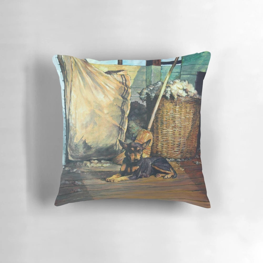 A pillow featuring an illustration of an Australian Kelpie, a herding dog breed known for its skills in sheep shearing and mustering.