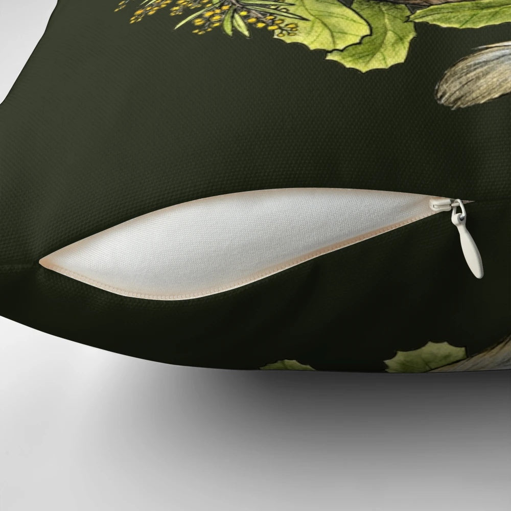Decorative Christmas wreath pillow featuring Australian wildlife like the quoll and numbat.