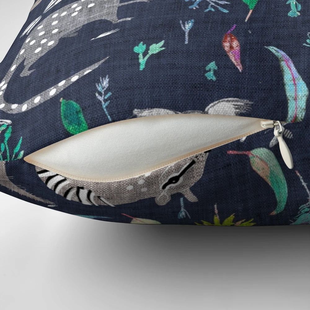 Australiana Marsupial Decorative Pillow featuring koalas, bilbies, and quolls on a navy background with gum leaves and nuts