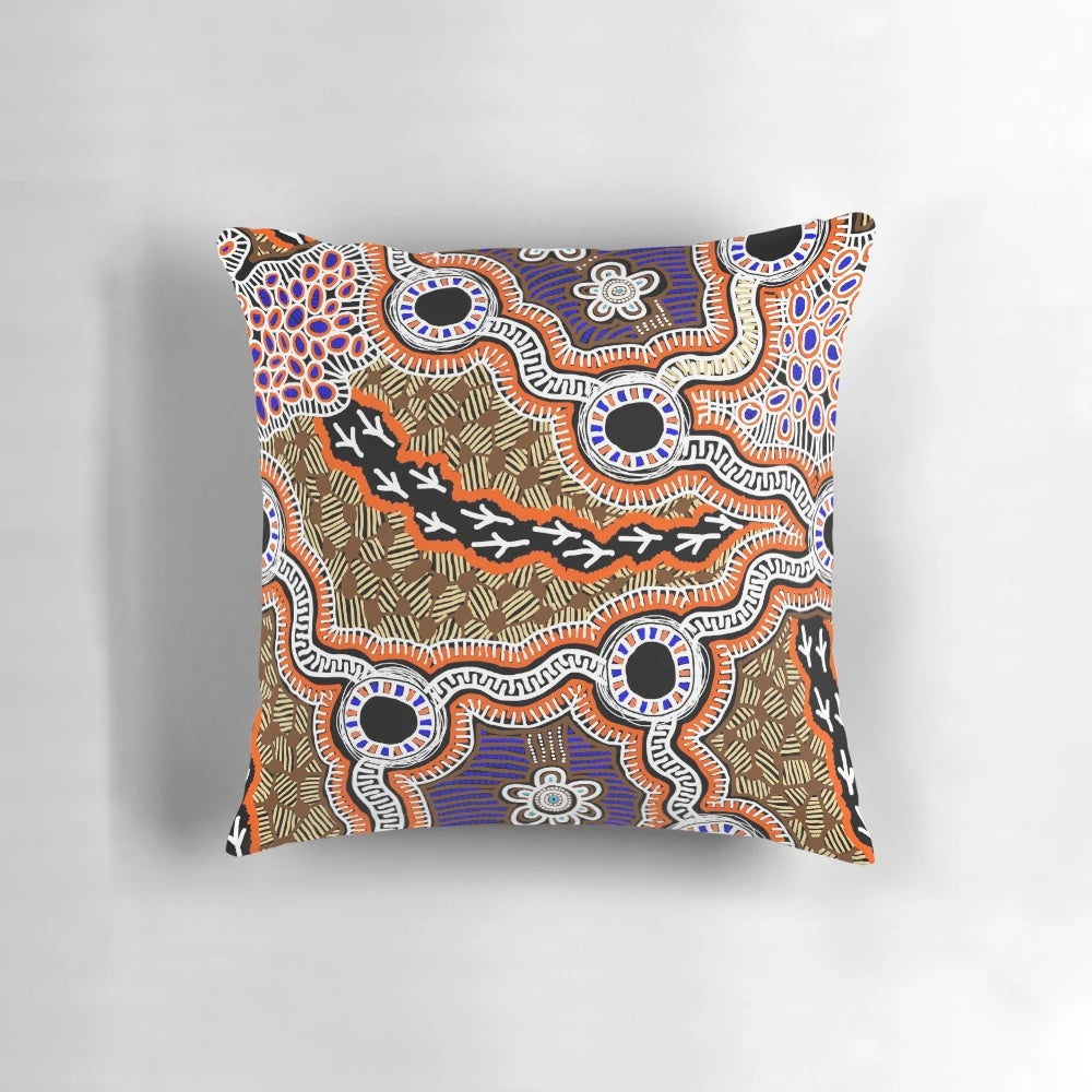 Authentic Aboriginal Art Brolga Dreaming Pillow featuring traditional indigenous Australian artwork