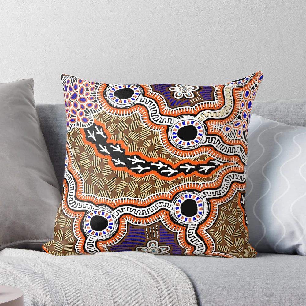 Authentic Aboriginal Art Brolga Dreaming Pillow featuring traditional indigenous Australian artwork