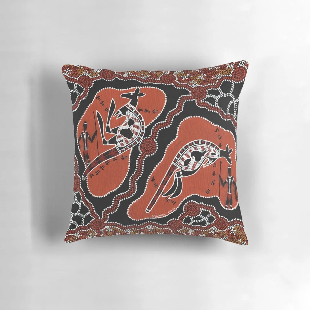 Authentic Aboriginal Art Kangaroo Hunting Scene Decorative Pillow