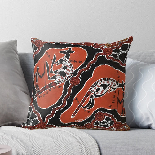 Authentic Aboriginal Art Kangaroo Hunting Scene Decorative Pillow