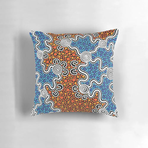 Vibrant indigenous aboriginal art printed on a plush, high-quality pillow for your home.