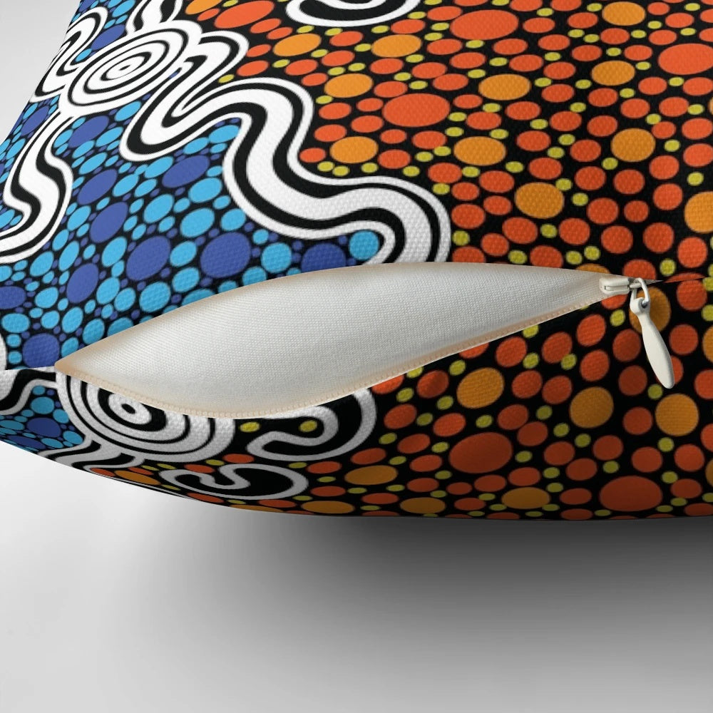 Vibrant indigenous aboriginal art printed on a plush, high-quality pillow for your home.