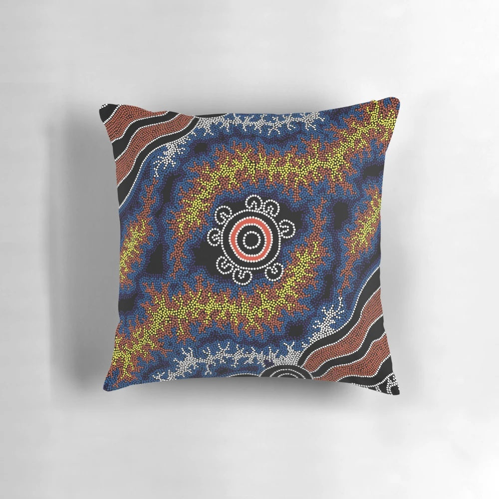 Authentic Aboriginal Art Pillow featuring traditional dreamtime patterns and indigenous symbols