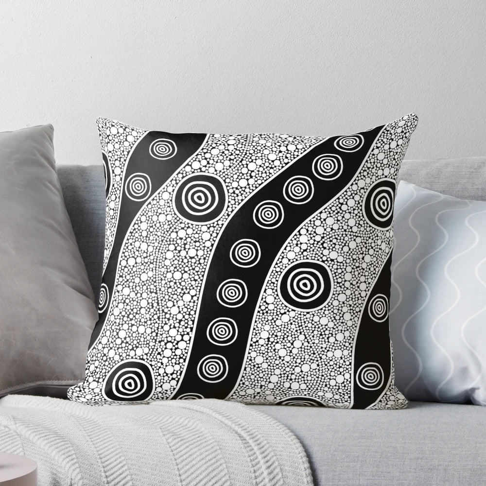 Vibrant, handcrafted aboriginal art pillow featuring traditional Australian indigenous designs.