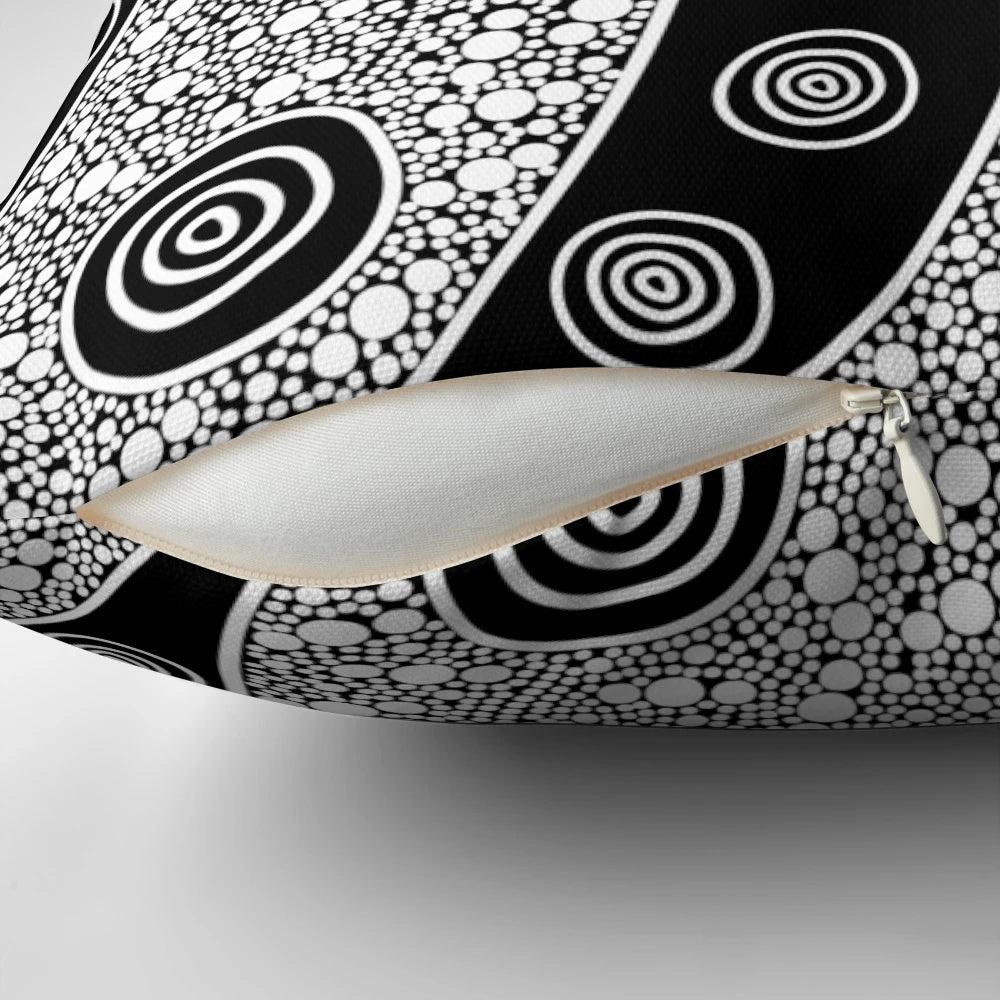 Vibrant, handcrafted aboriginal art pillow featuring traditional Australian indigenous designs.
