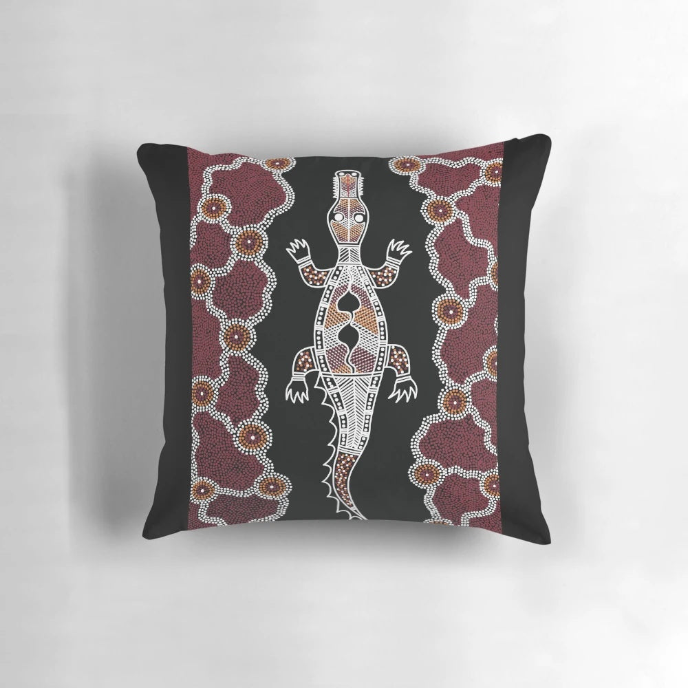 Authentic Aboriginal Art Pillow with Crocodile, Kangaroo, and Emu Designs