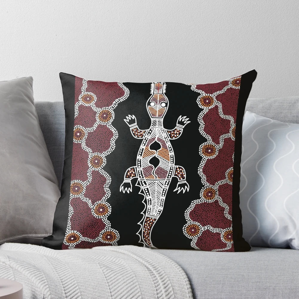 Authentic Aboriginal Art Pillow with Crocodile, Kangaroo, and Emu Designs