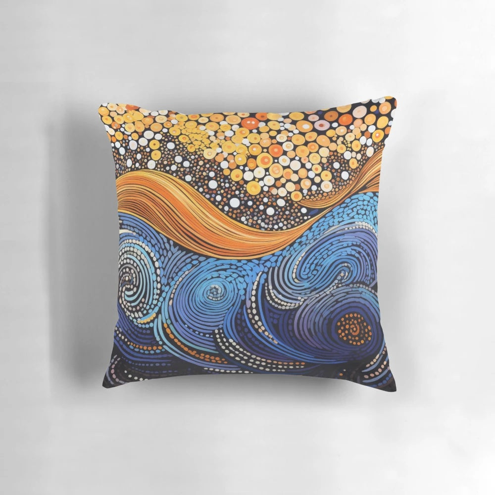 Decorative pillow featuring vibrant aboriginal-inspired artwork with waves and lava patterns.