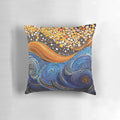 Decorative pillow featuring vibrant aboriginal-inspired artwork with waves and lava patterns.