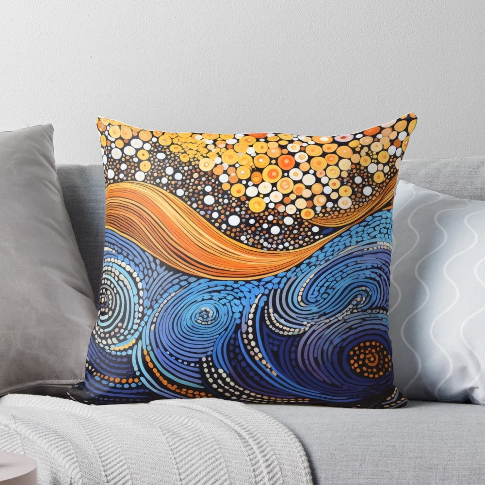 Decorative pillow featuring vibrant aboriginal-inspired artwork with waves and lava patterns.