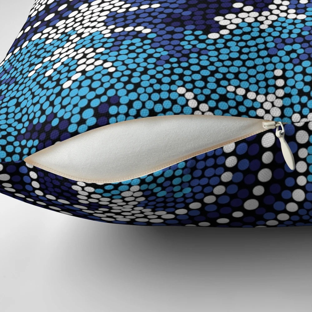 Vibrant blue aboriginal art pillow featuring traditional indigenous dot patterns and Australian wildlife like kangaroos and emus.