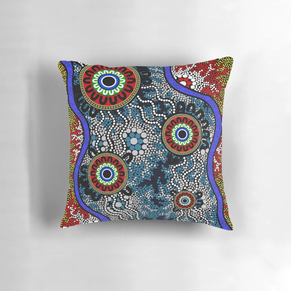 Authentic Aboriginal Camping Dots Pillow featuring traditional indigenous art from Australia