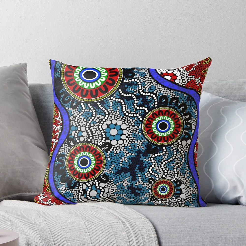 Authentic Aboriginal Camping Dots Pillow featuring traditional indigenous art from Australia