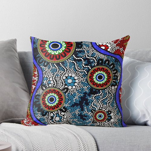 Authentic Aboriginal Camping Dots Pillow featuring traditional indigenous art from Australia