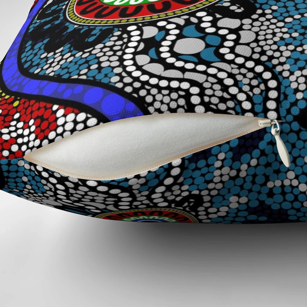 Authentic Aboriginal Camping Dots Pillow featuring traditional indigenous art from Australia