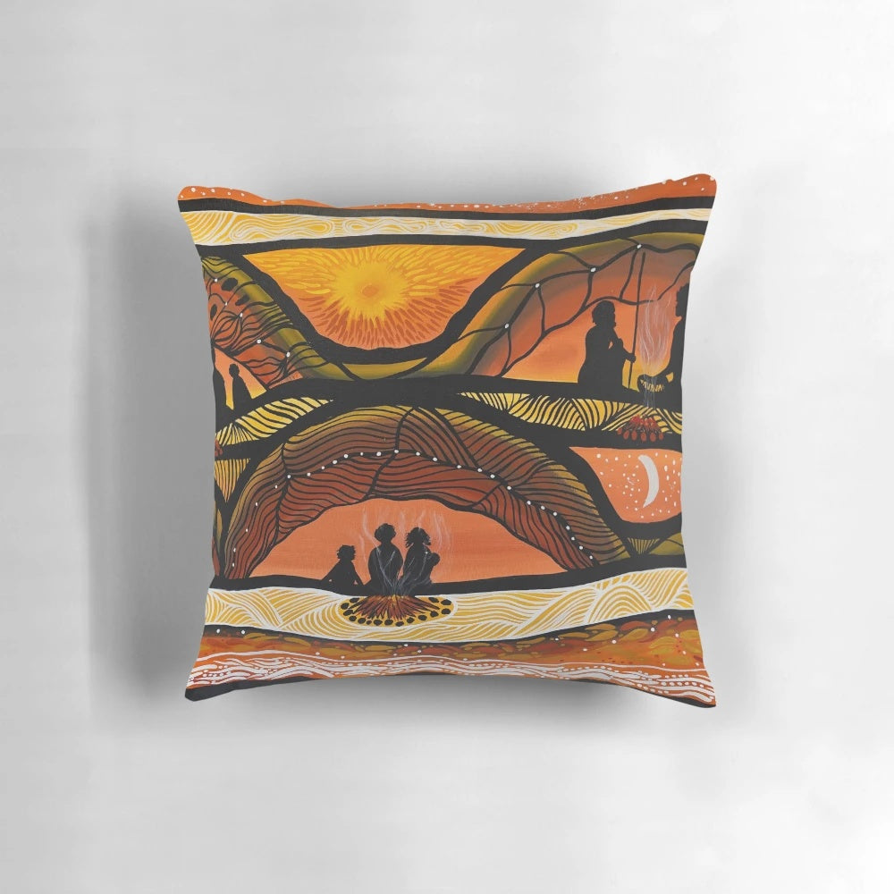 Aboriginal art pillow with indigenous camping ground design