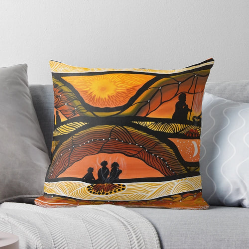 Aboriginal art pillow with indigenous camping ground design