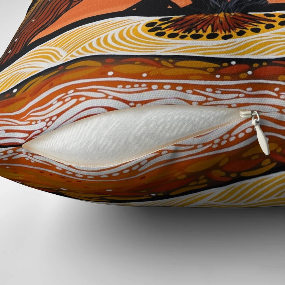 Aboriginal art pillow with indigenous camping ground design