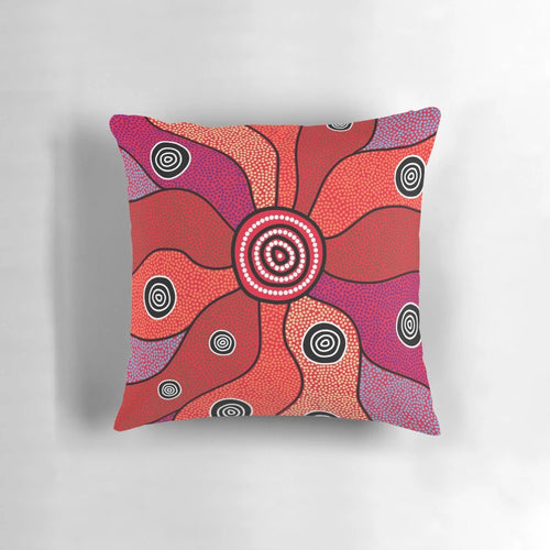 Vibrant aboriginal art pillow featuring traditional dot patterns and Australian native animals like kangaroo and emu