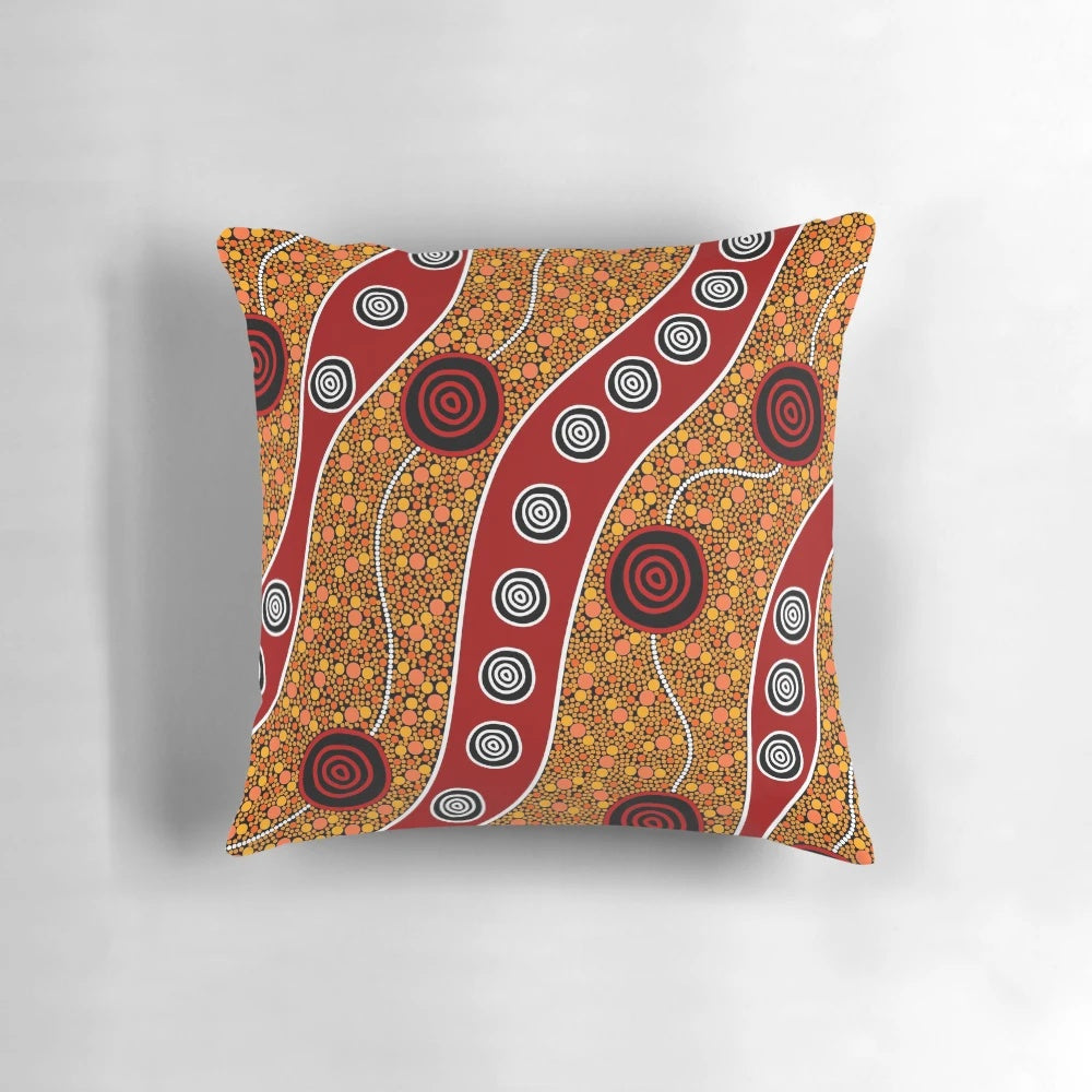 "Handcrafted aboriginal dot painting art design on a high-quality throw pillow"