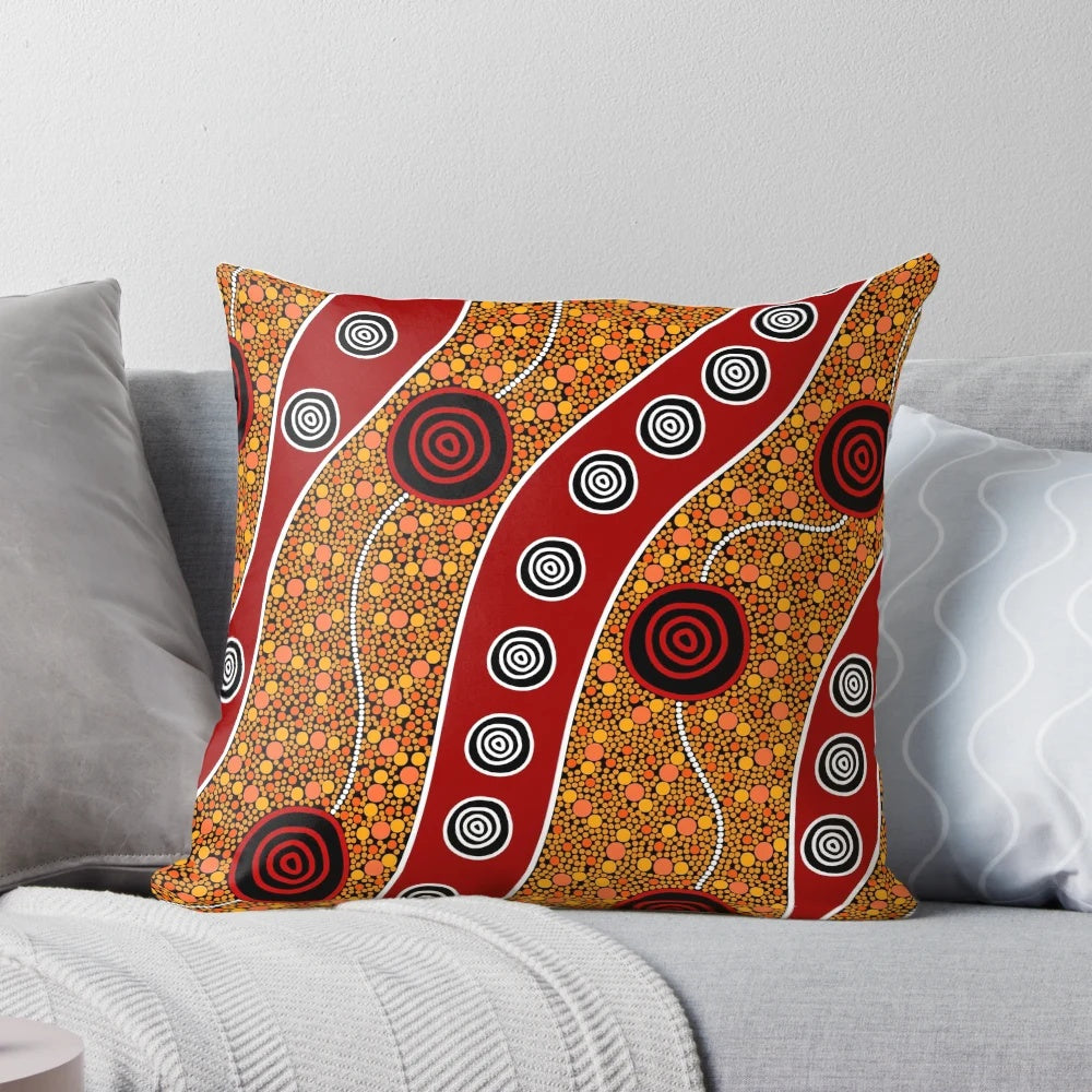 "Handcrafted aboriginal dot painting art design on a high-quality throw pillow"