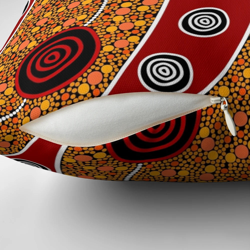 "Handcrafted aboriginal dot painting art design on a high-quality throw pillow"