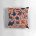 Authentic aboriginal-inspired blue and ochre art pillow featuring traditional Australian aboriginal dot and pathway designs