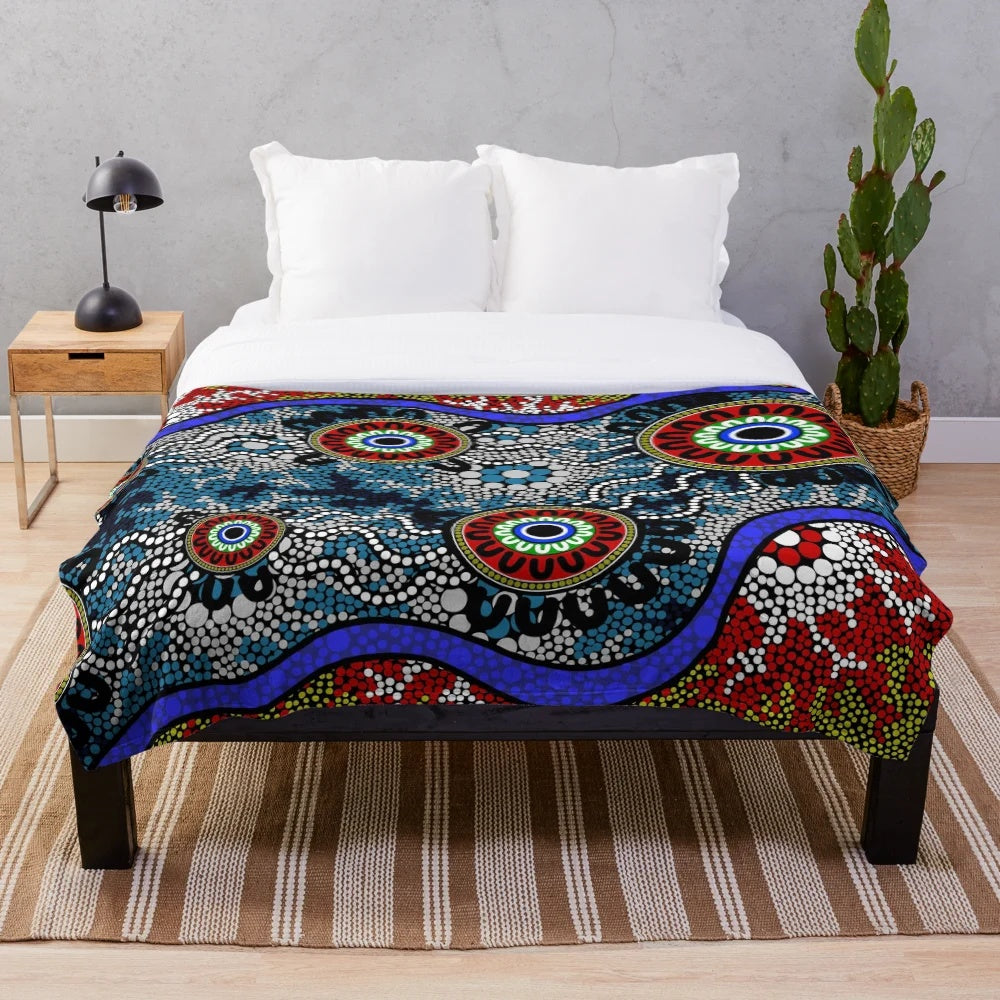 Authentic aboriginal inspired plush blanket with traditional dot patterns