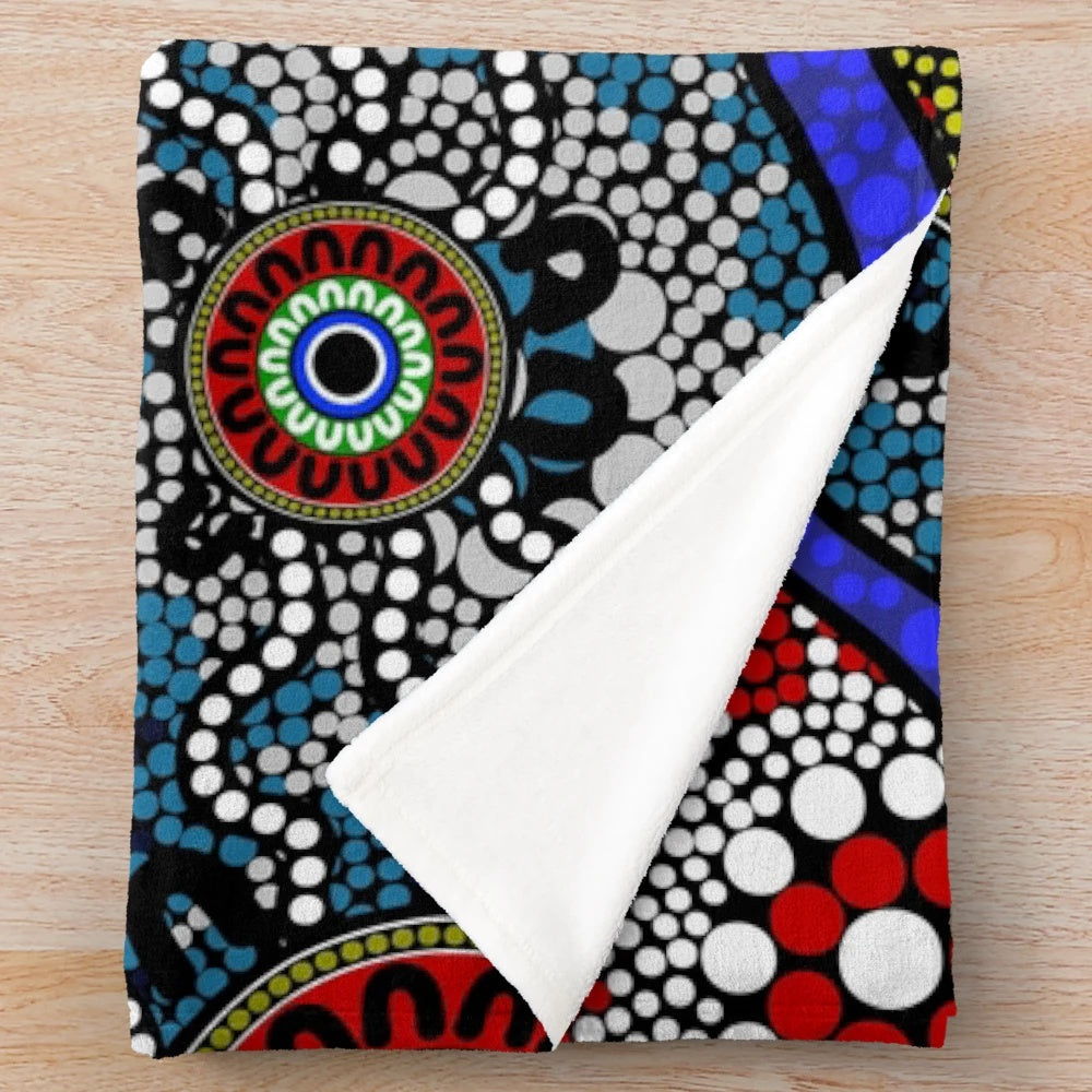 Authentic aboriginal inspired plush blanket with traditional dot patterns