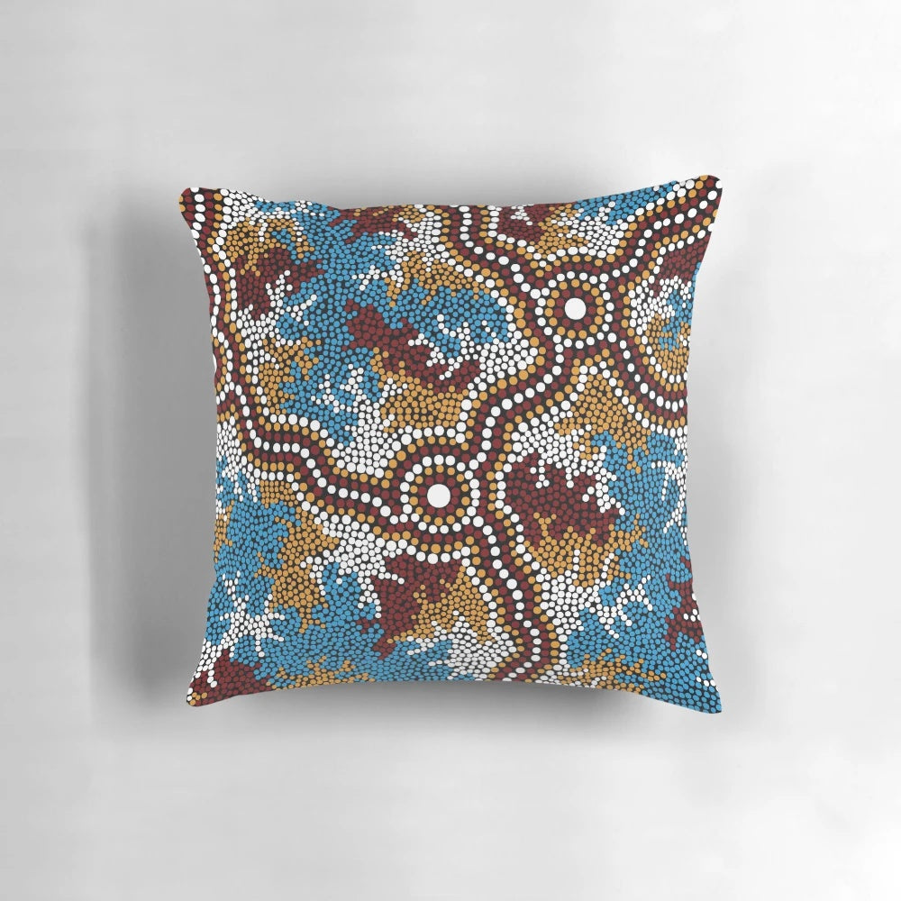Authentic Aboriginal-Inspired Wetland Dreaming Pillow with Aboriginal Dot Art, Kangaroo, and Emu Designs