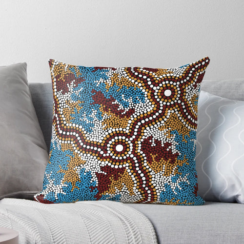 Authentic Aboriginal-Inspired Wetland Dreaming Pillow with Aboriginal Dot Art, Kangaroo, and Emu Designs