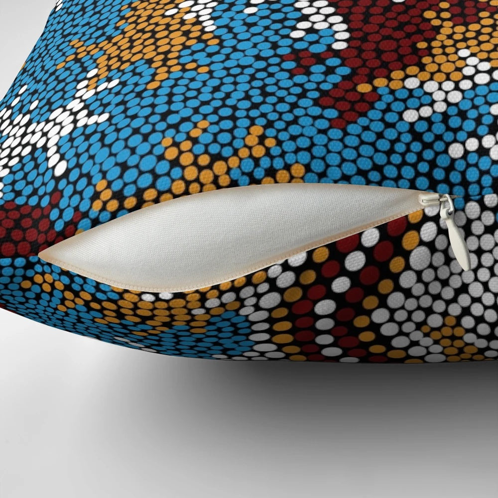 Authentic Aboriginal-Inspired Wetland Dreaming Pillow with Aboriginal Dot Art, Kangaroo, and Emu Designs