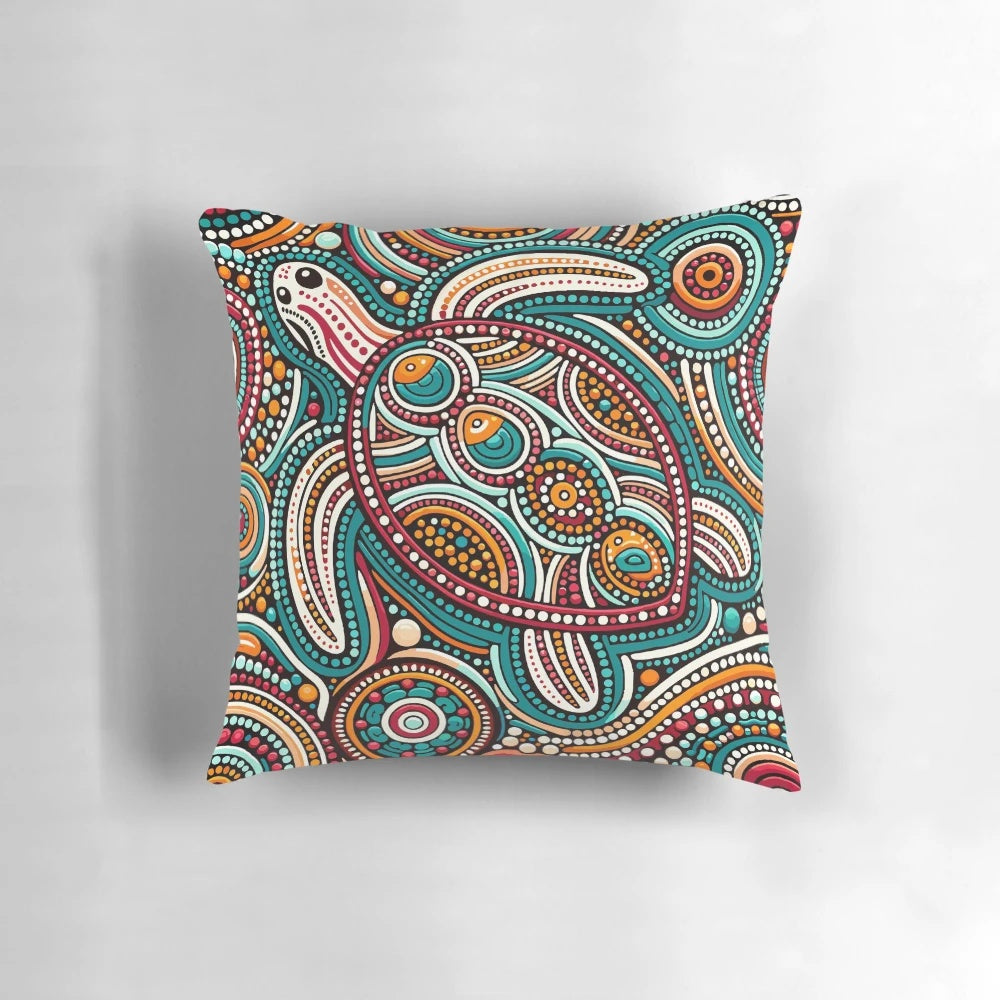 Aboriginal turtle art pillow featuring indigenous dot painting design and Australian cultural elements