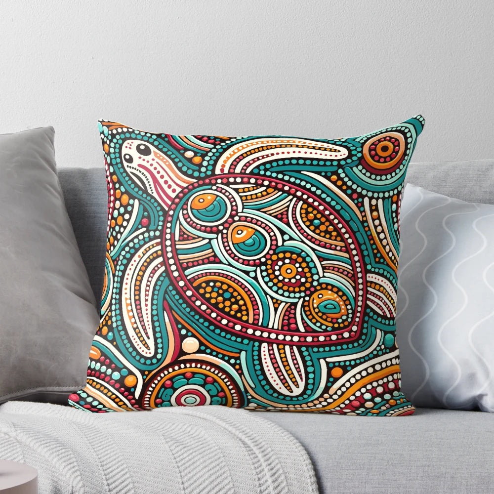 Aboriginal turtle art pillow featuring indigenous dot painting design and Australian cultural elements
