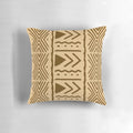 Tan and brown African Bogolan design throw pillow with tribal patterns for boho and safari-inspired home decor.