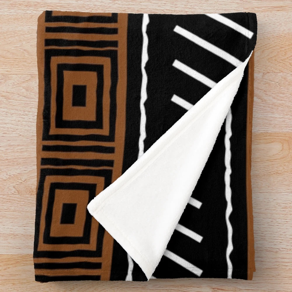 African Mud Cloth Patterned Plush Blanket