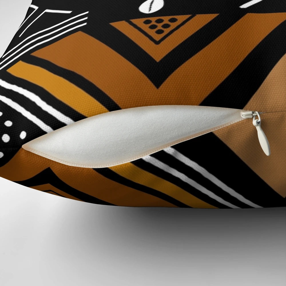 Decorative throw pillow with a traditional African mud cloth inspired Bogolan design pattern