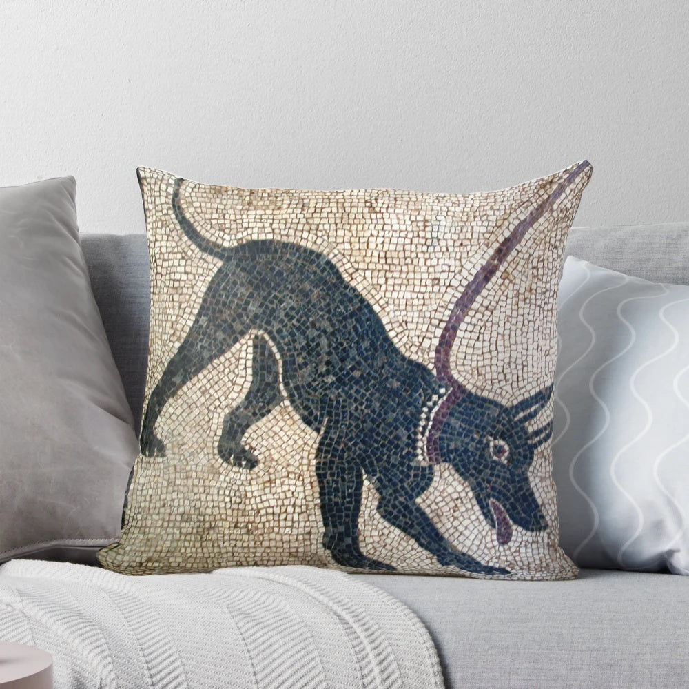 Decorative pillow featuring an ancient Roman "Cave Canem" mosaic from Pompeii, Italy