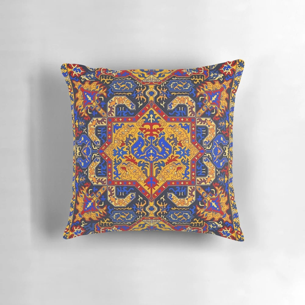 Vibrant Armenian art pillow featuring traditional Armenian symbols and colors