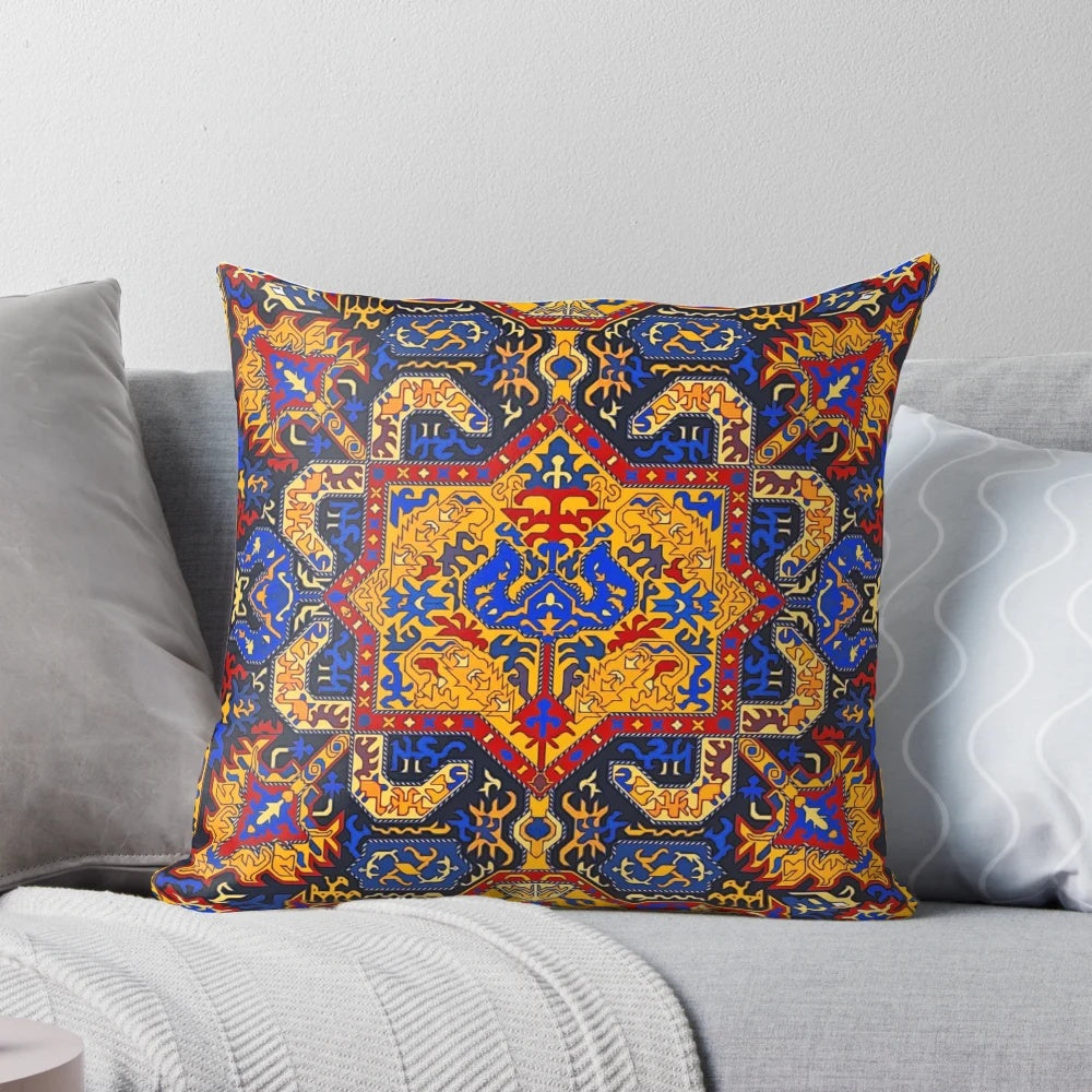 Vibrant Armenian art pillow featuring traditional Armenian symbols and colors