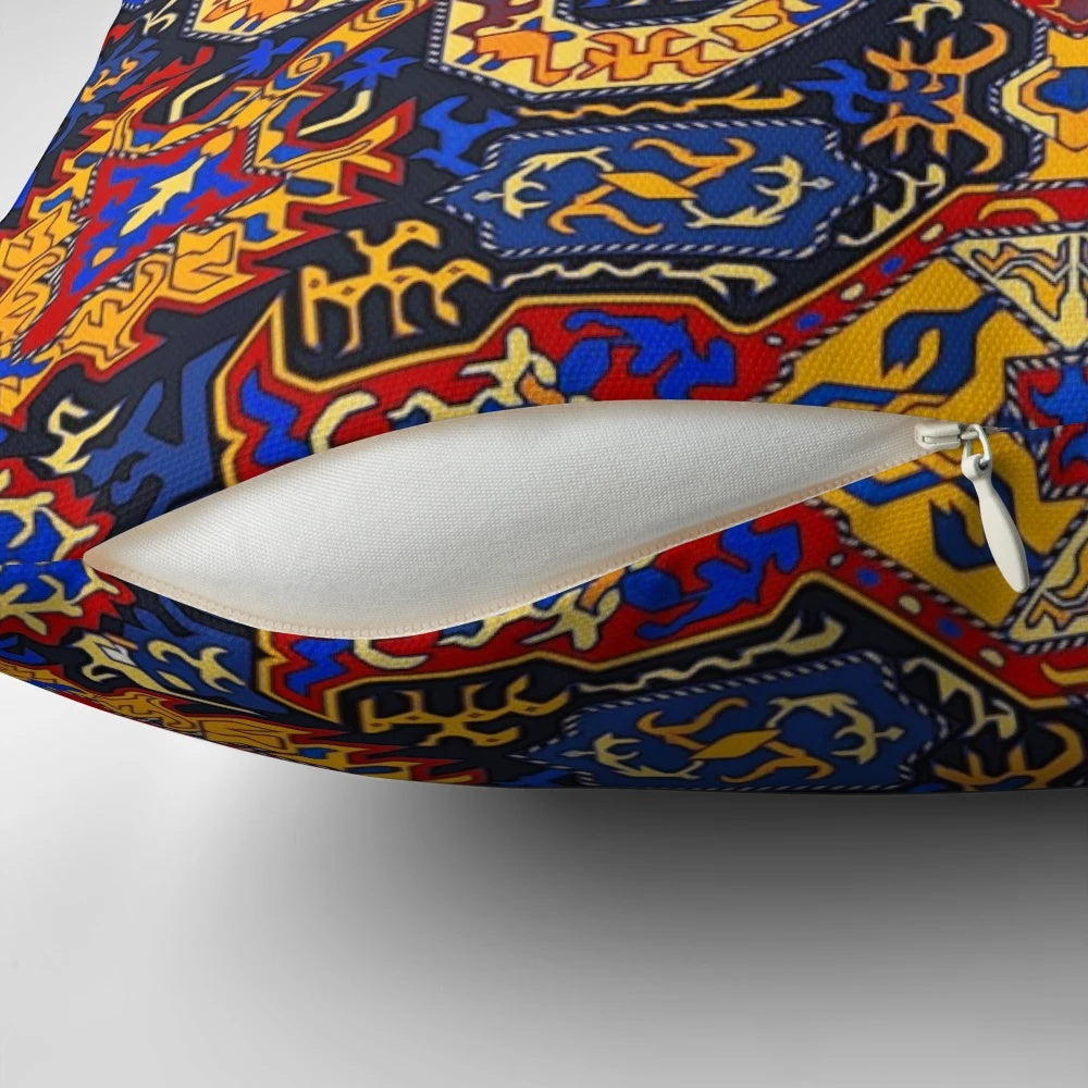 Vibrant Armenian art pillow featuring traditional Armenian symbols and colors