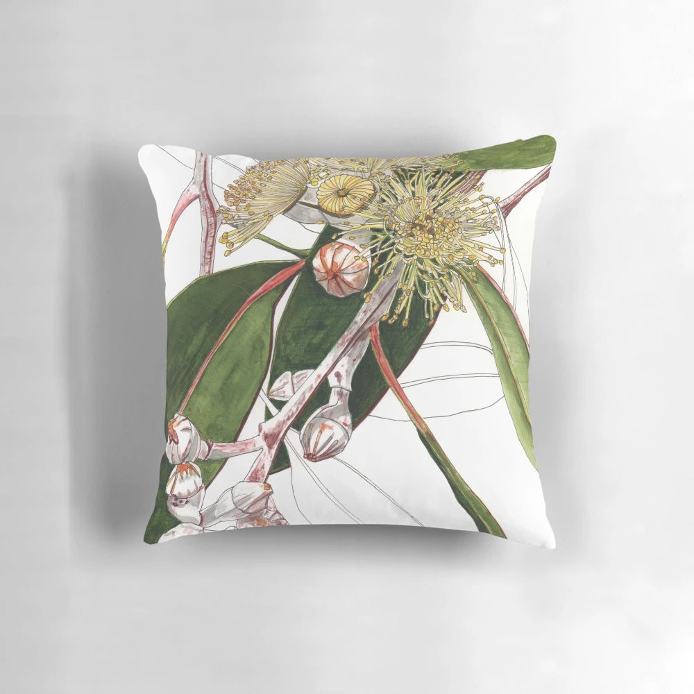 Closeup of an Australian eucalyptus mallee pillow with natural leaves and pods