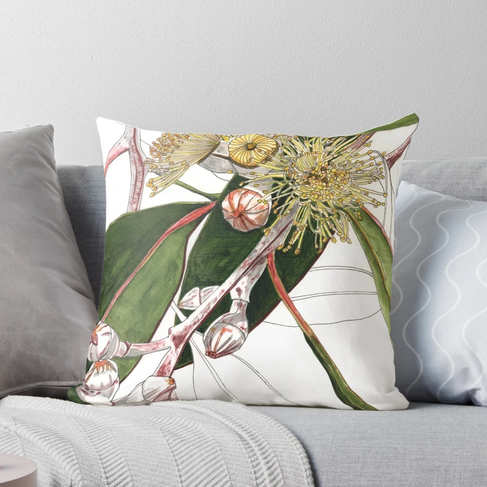Closeup of an Australian eucalyptus mallee pillow with natural leaves and pods